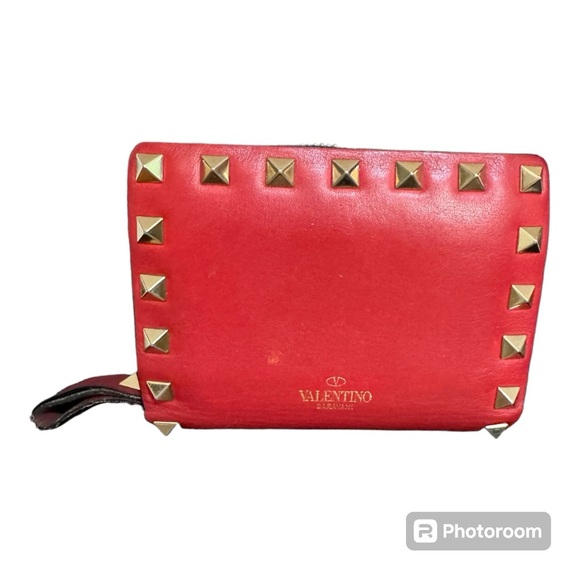 Valentino Garavani Handbags - Valentino Garavani Rock Stud Red Leather Flap French Bifold Wallet